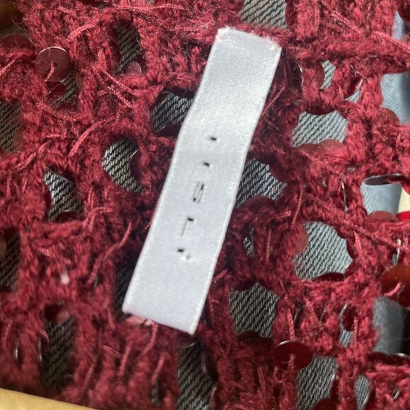 IISLI Womens sz L 100% Wool Burgundy Sequins Pullover Sweater Top Open Knit - Picture 3 of 6